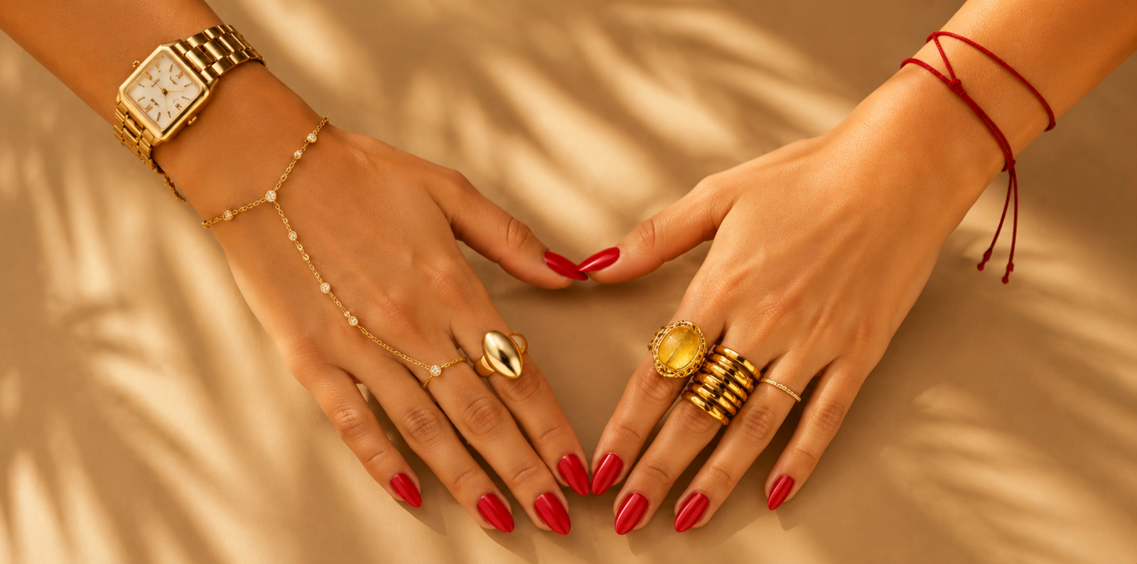 Manos con manicura roja y anillos dorados