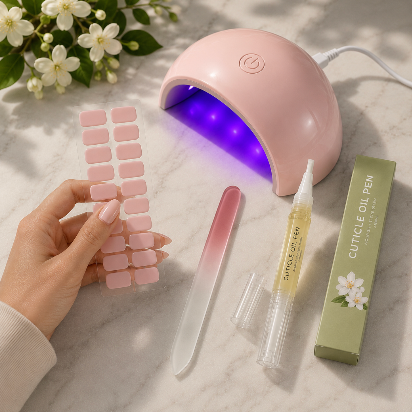 Pack Completo Noalia: láminas de gel, lámpara UV, lima de cristal y aceite de cutículas